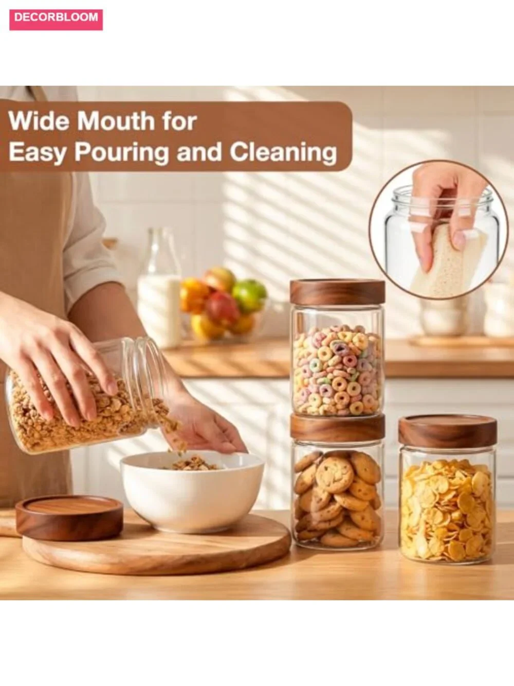 28oz Glass Storage Jars with Wood Lids - Airtight Pantry Containers (6-Pack)